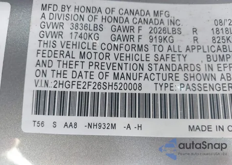 2025 Honda Civic Lx z USA, uszkodzony, nr VIN 2HGFE2F26SH520008